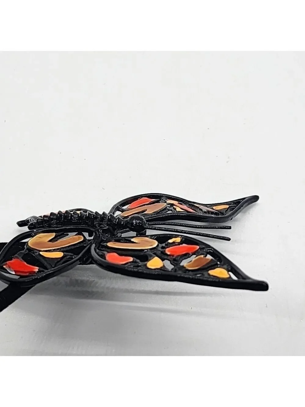 Vintage large black metal enamel Butterfly brooch pin unique